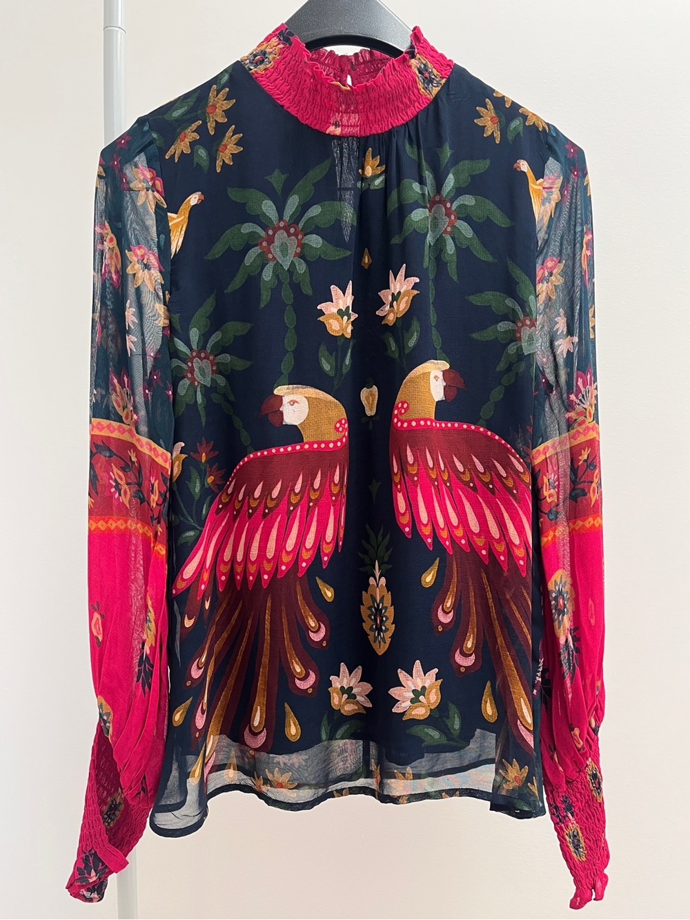 Farm Rio x Anthropologie long sleeve smocked blouse XS floral birds tropical - Picture 2 of 11